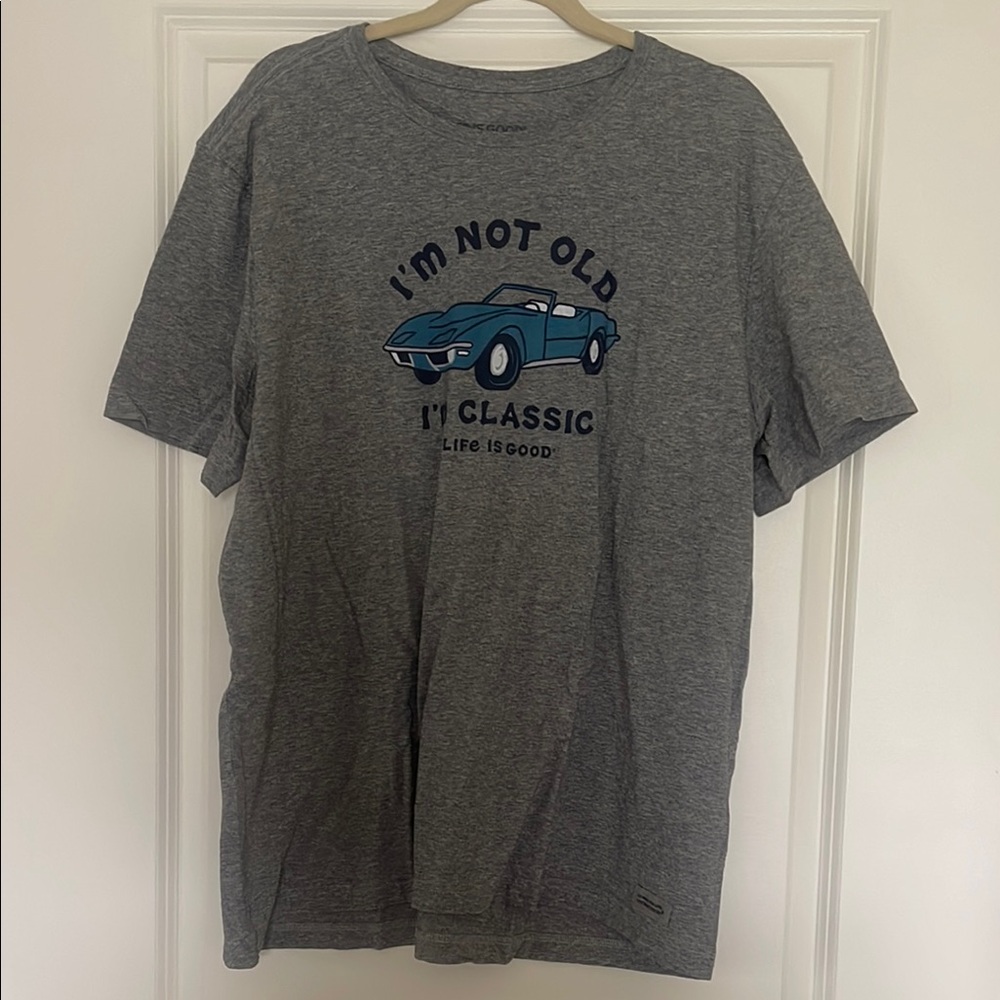Life Is Good Gray Tee with Blue Car Graphic